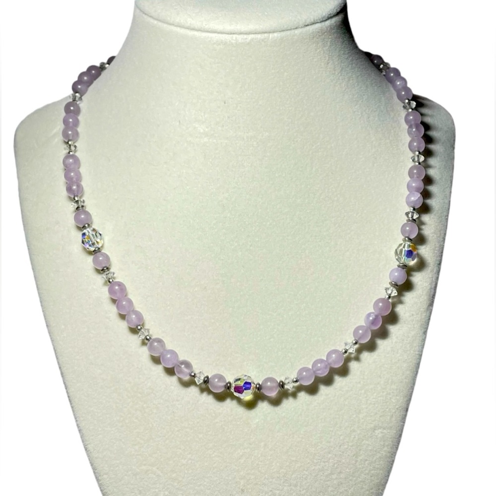 925 Rose Quartz and Faceted AB Crystal Necklace w/Sterling Fishhook Clasp
